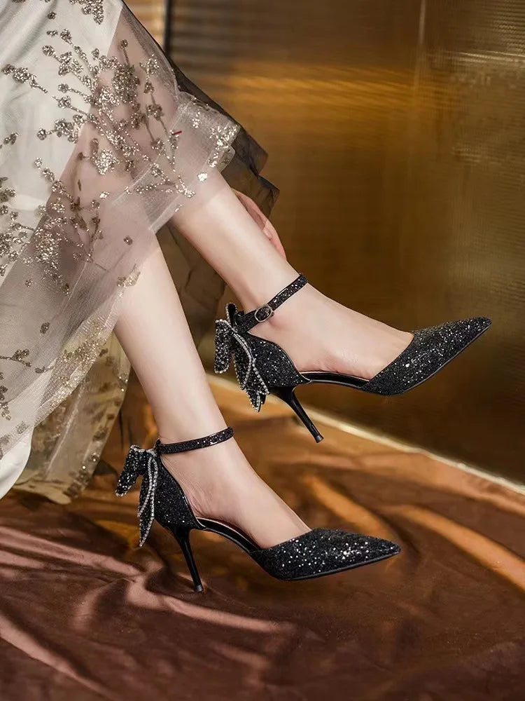 Women's Luxury Bridal High Heel Pumps Shoes Sequined Bowknot Hollow Out Closed Toe Thin Heels for All Seasons