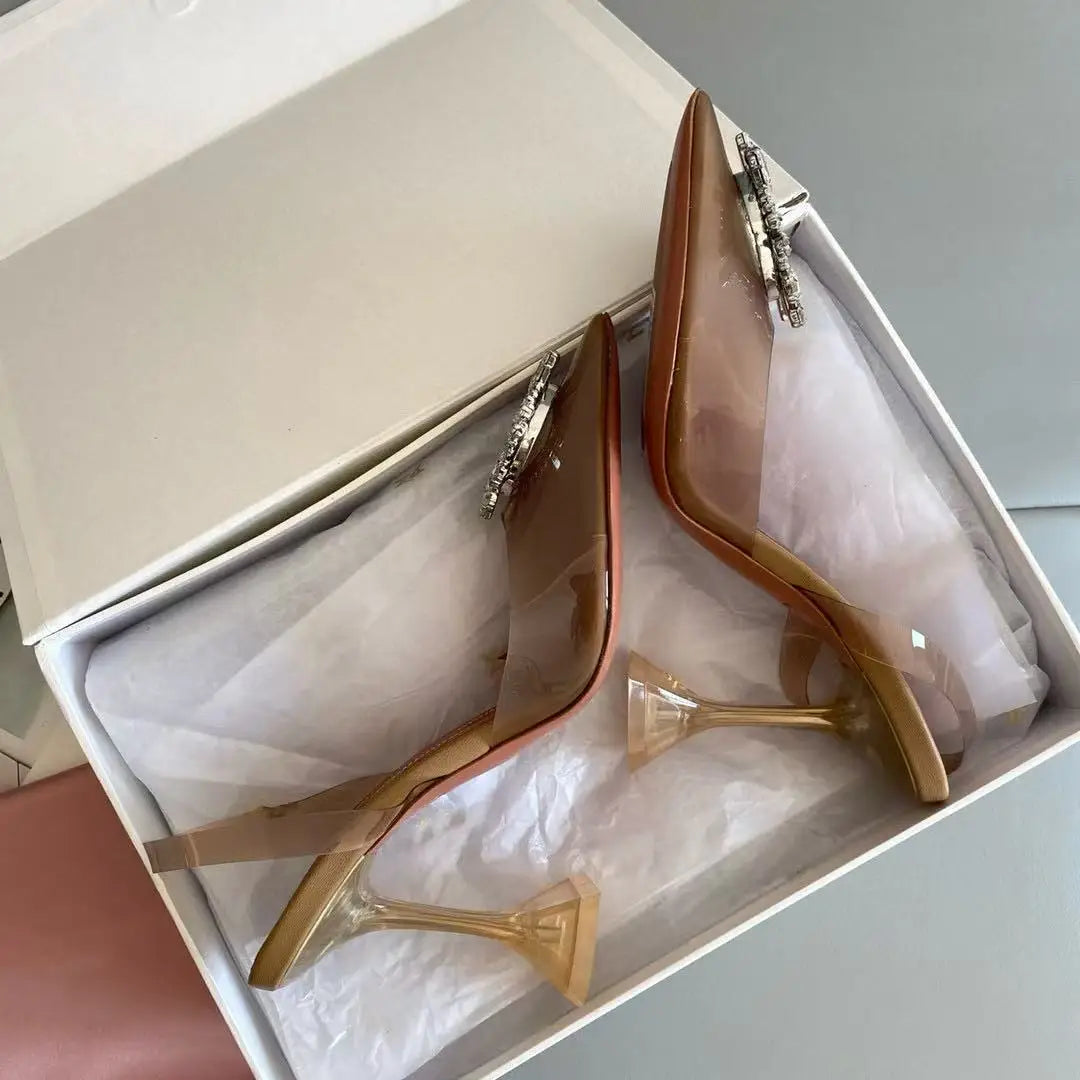New High-quality Sunflower Crystal Diamond Women's High Heels, PVC Summer Transparent Pointed-toe Thin-heeled Sandals