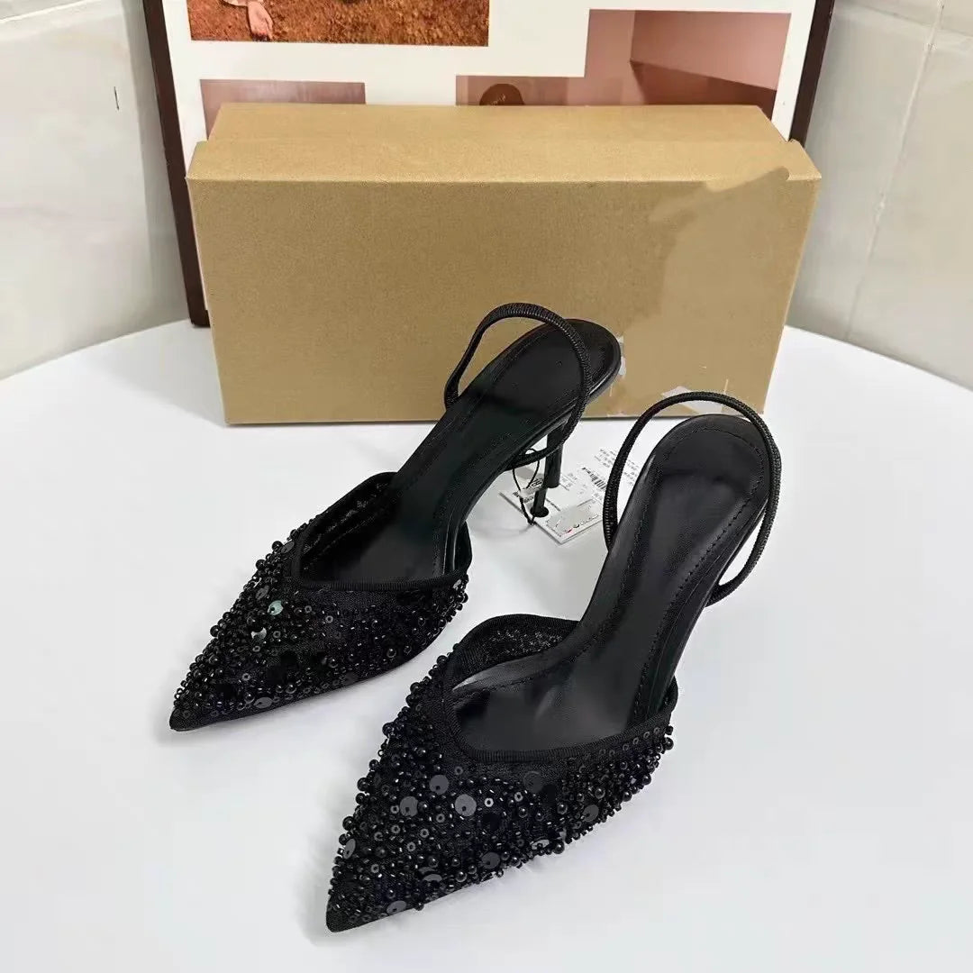 ZA Women's 2026 Summer Nude Sandals Pearl Rhinestone Pointed Toe Mules Heel Back Strap Party Wedding Dress Shoes Elegant Pumps