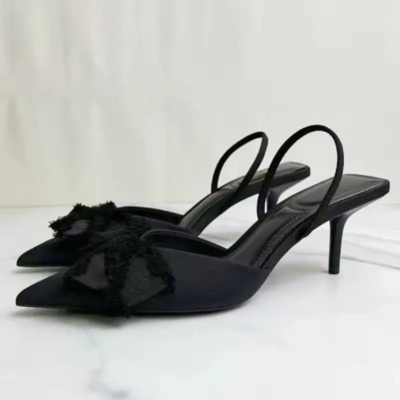 STYLE Slingback Shoes Black Bow Decoration Pointed Toe High Heels Formal Business Stiletto Female Party Sandals