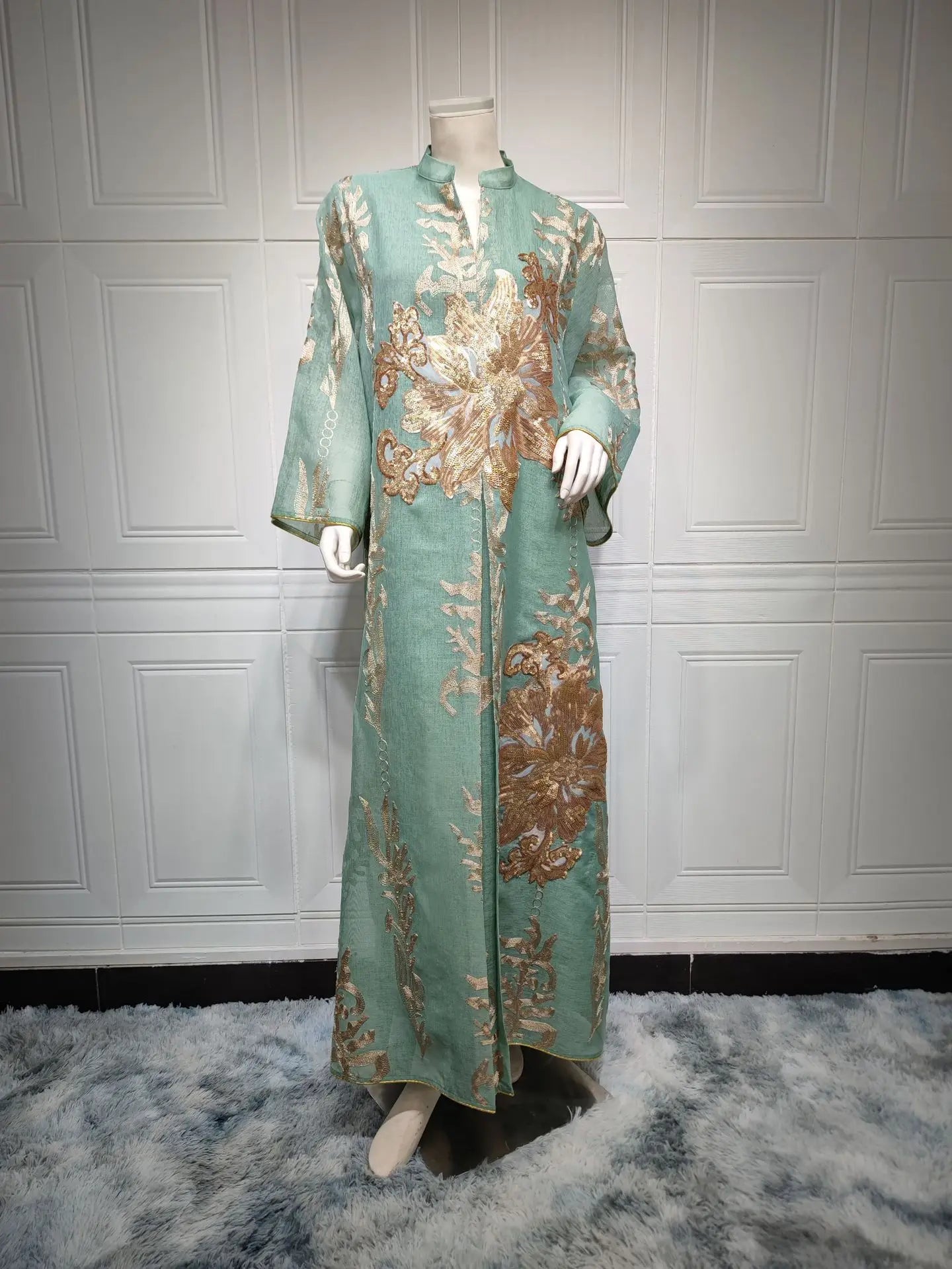 Women's New White Abaya Dress Sequins Embroidery Moroccan Kaftan Turkish Arabic Jalabiya Ethnically Islamic Robe Natural