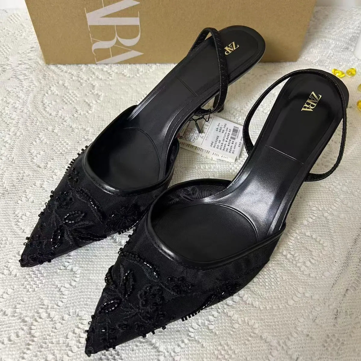 ZA Women's 2026 Summer Nude Sandals Pearl Rhinestone Pointed Toe Mules Heel Back Strap Party Wedding Dress Shoes Elegant Pumps