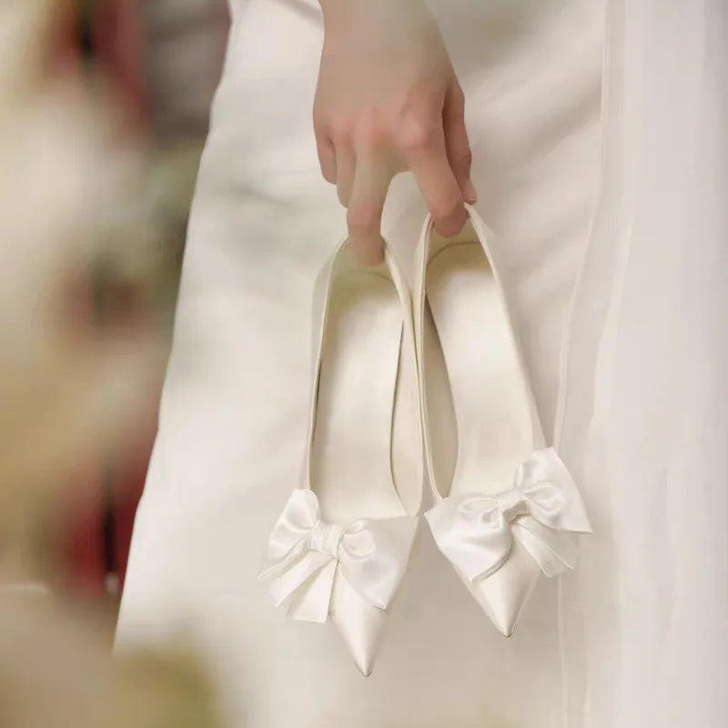 2024 Spring Summer Winter White Bowknot High Heels Women's Bridal Shoes Pointed Stiletto Heel Pumps Anti-Odor Height Increasing