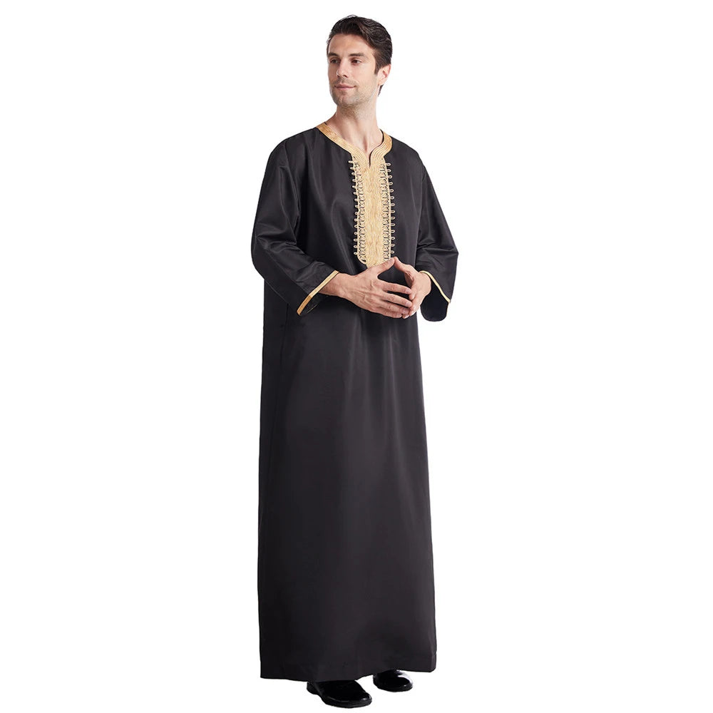 Muslim Men Jubba Thobe Solid Color Breathable Embroidery Long Robes Gown Islamic Arabic Kaftan Abaya Middle East Dubai Pakistani