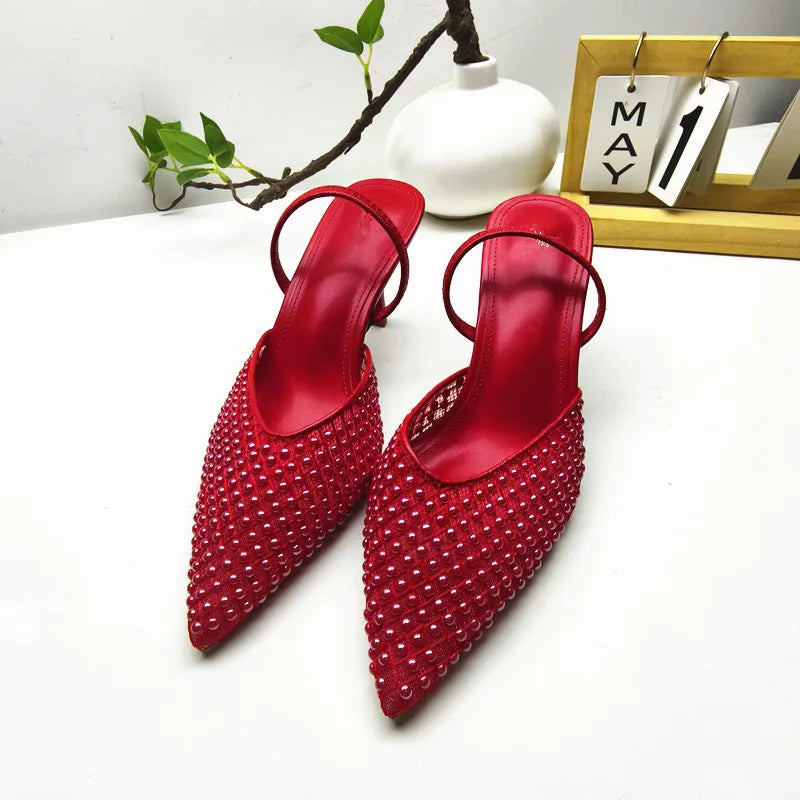 ZA Women's 2026 Summer Nude Sandals Pearl Rhinestone Pointed Toe Mules Heel Back Strap Party Wedding Dress Shoes Elegant Pumps