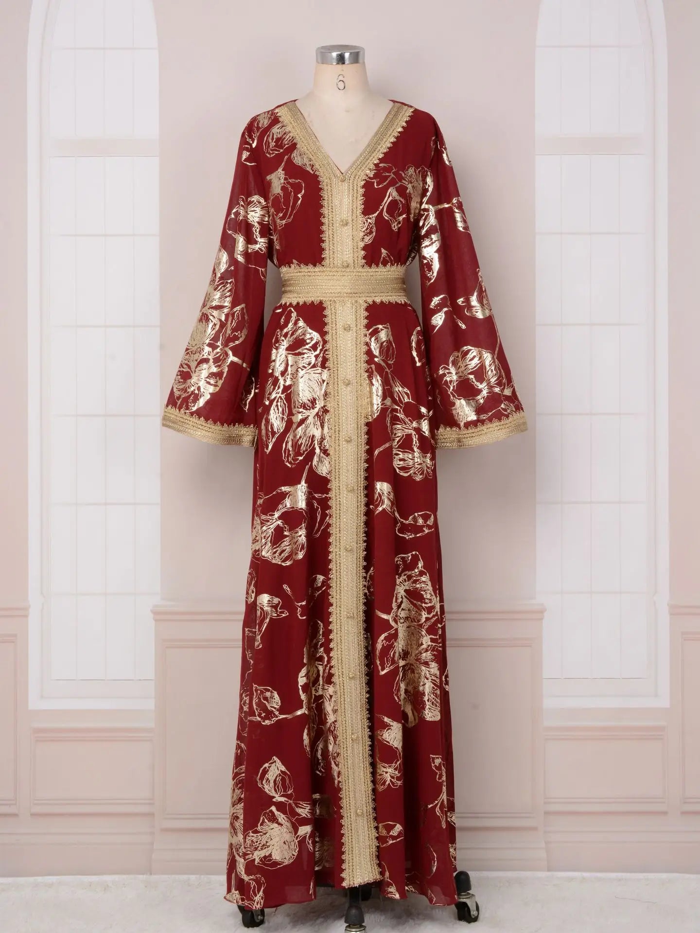 S-2XL Muslim Abaya Dress Patchwork Printed Long Sleeve Arabic Muslim Abaya Saudi Turkish Islamic Party Dress V Neck Kaftan Robe