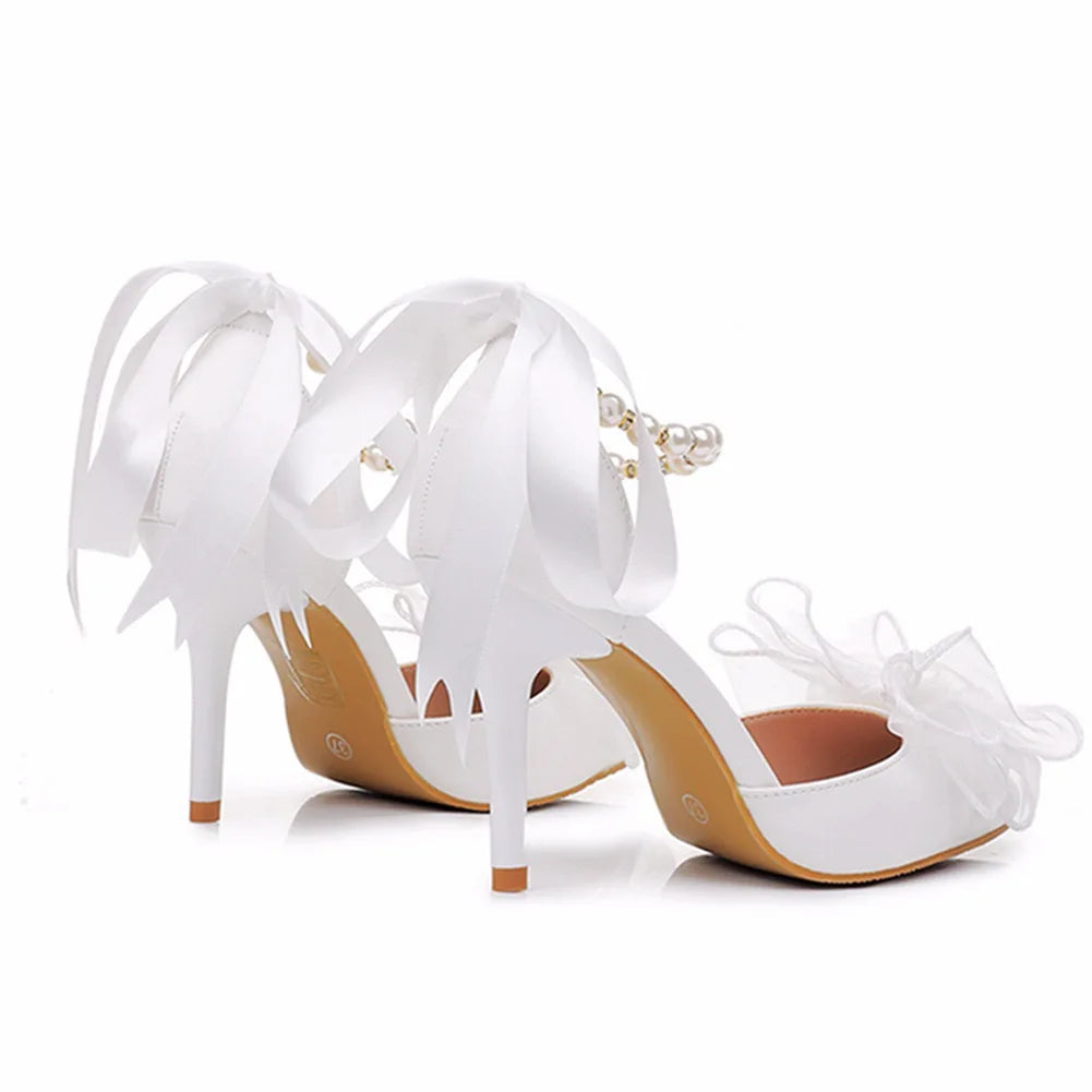 2026 New French Romance Women's 5cm 7cm 9.5cm High Thin Heels Elegant White Pointed Toe Buckle Strap Summer Wedding Shoes