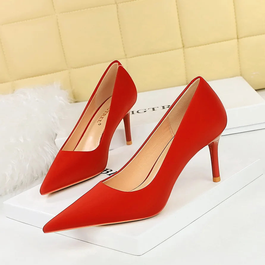 Bigtree 3265-1 Satin Slip-On Shoes with Thin Heels Comfortable Evergreen Upper Material