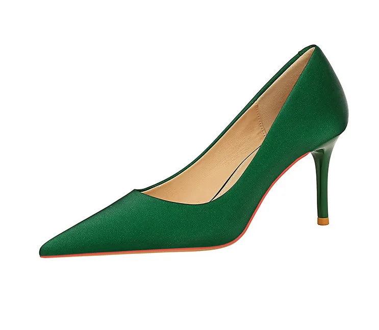 Bigtree 3265-1 Satin Slip-On Shoes with Thin Heels Comfortable Evergreen Upper Material