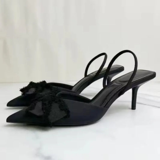 STYLE Slingback Shoes Black Bow Decoration Pointed Toe High Heels Formal Business Stiletto Female Party Sandals