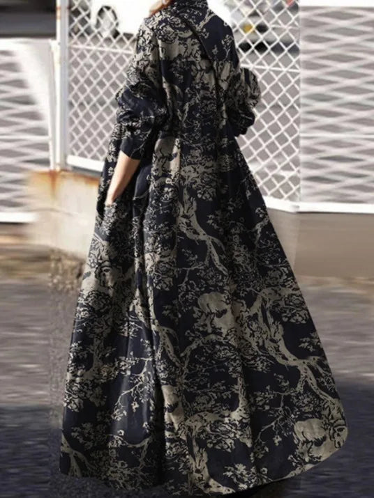 Plus Size Women's Casual Dresses Single Row Button Printed Loose Skirt That Covers Belly Ethnic Style Long Sleeve Dress