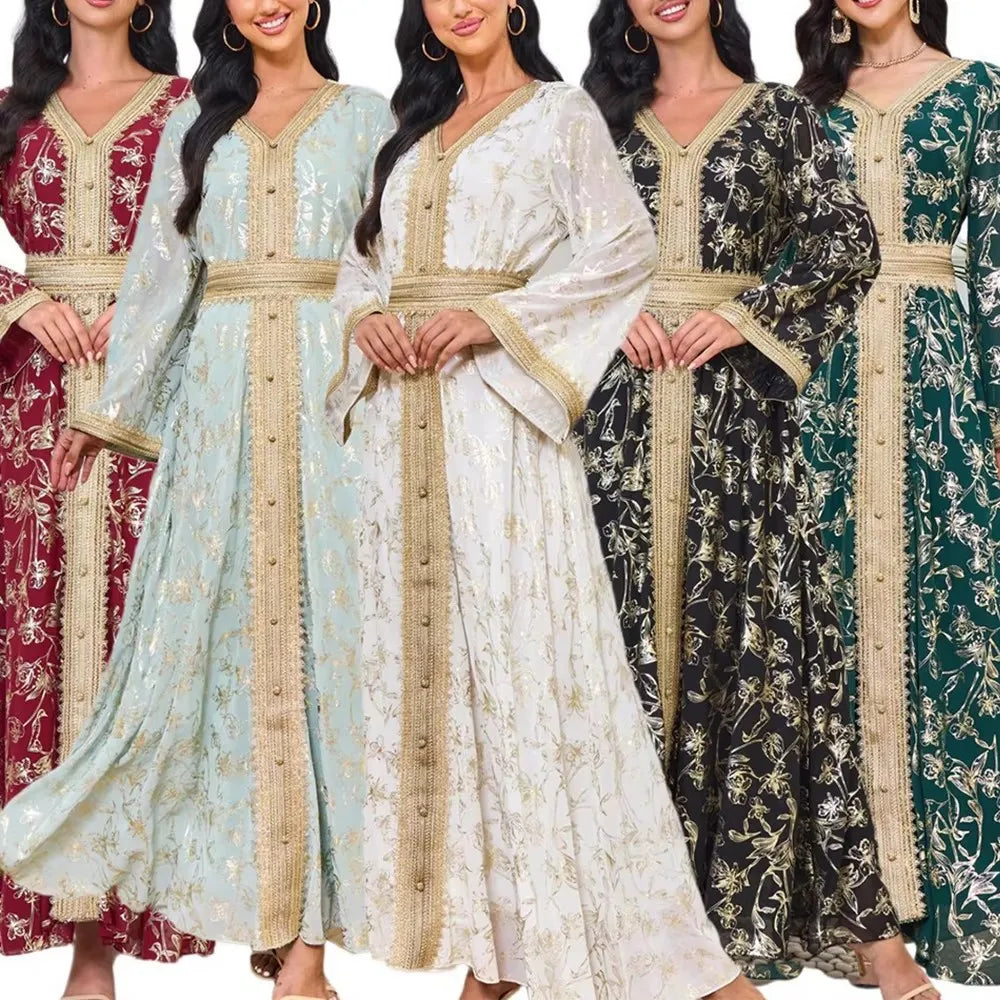 S-2XL Muslim Abaya Dress Patchwork Printed Long Sleeve Arabic Muslim Abaya Saudi Turkish Islamic Party Dress V Neck Kaftan Robe