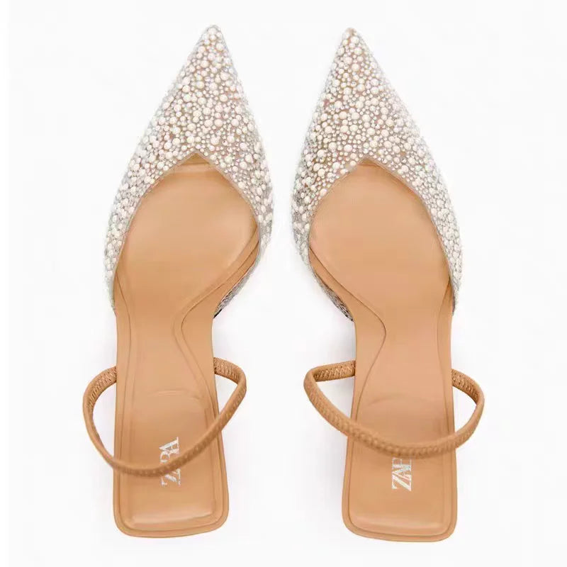 ZA Women's 2026 Summer Nude Sandals Pearl Rhinestone Pointed Toe Mules Heel Back Strap Party Wedding Dress Shoes Elegant Pumps