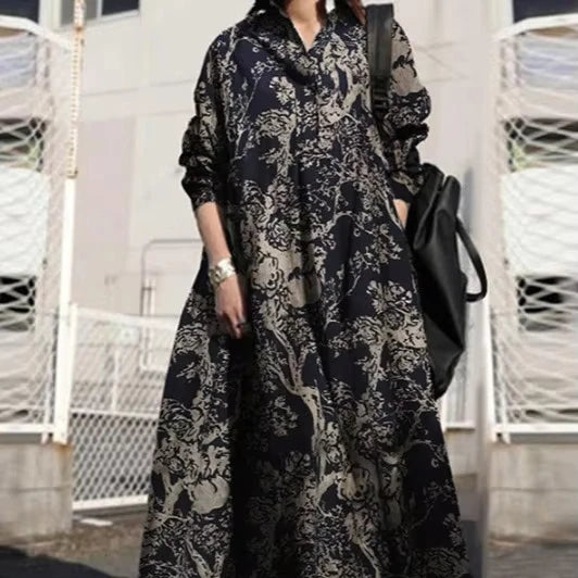 Plus Size Women's Casual Dresses Single Row Button Printed Loose Skirt That Covers Belly Ethnic Style Long Sleeve Dress