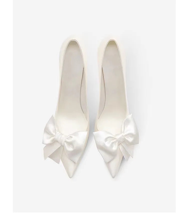 2024 Spring Summer Winter White Bowknot High Heels Women's Bridal Shoes Pointed Stiletto Heel Pumps Anti-Odor Height Increasing
