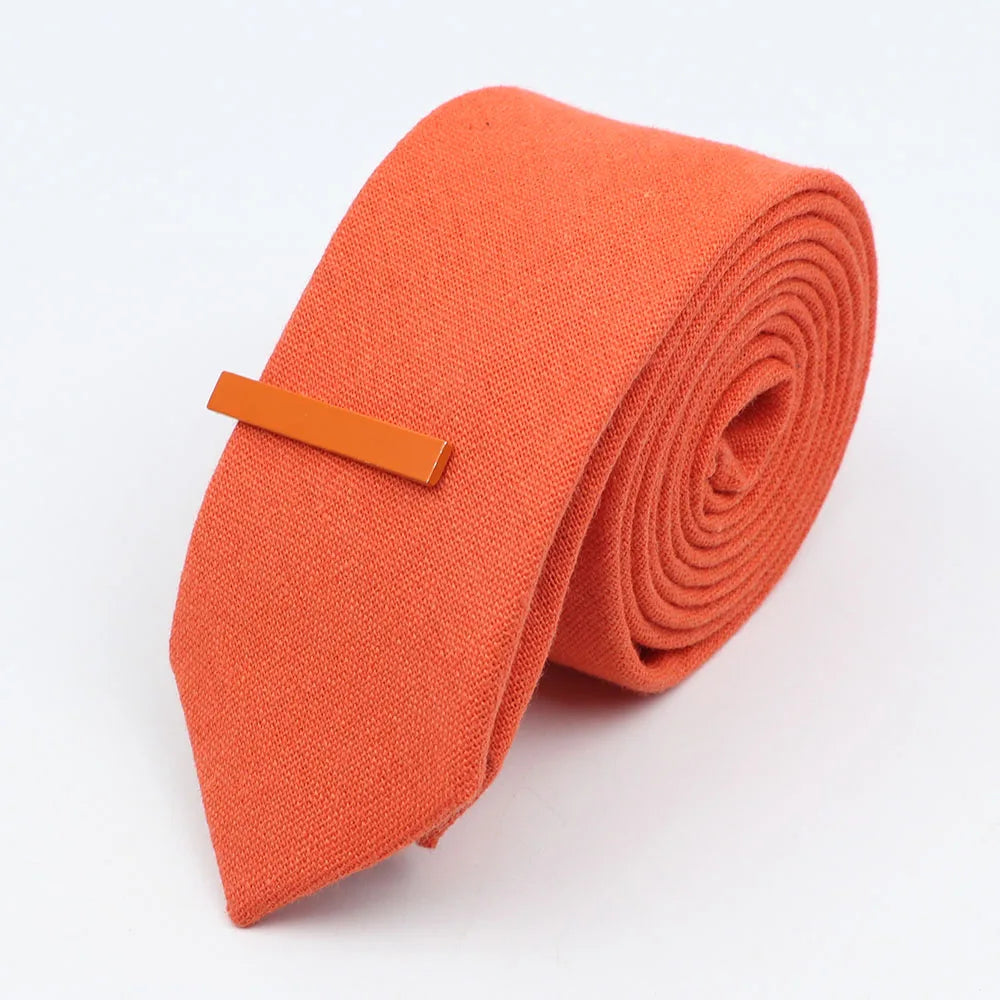 Tie&Clip Set Fashion 6cm Solid Color Linen/Cotton Necktie Bright Ties Pin Clips Clasp Colourful for Men's Clothing Accessories