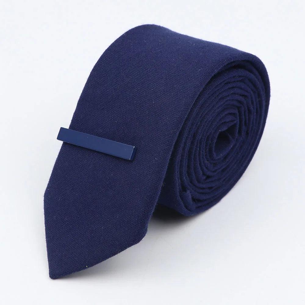 Tie&Clip Set Fashion 6cm Solid Color Linen/Cotton Necktie Bright Ties Pin Clips Clasp Colourful for Men's Clothing Accessories