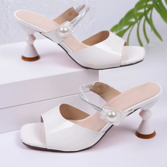 2025 Spring Summer New Women's Pearl Open Toe Block Heels Slip on Outdoor Fashion Shoes Chunky Heel Beach Walking