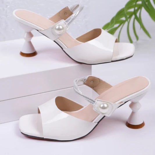 2025 Spring Summer New Women's Pearl Open Toe Block Heels Slip on Outdoor Fashion Shoes Chunky Heel Beach Walking