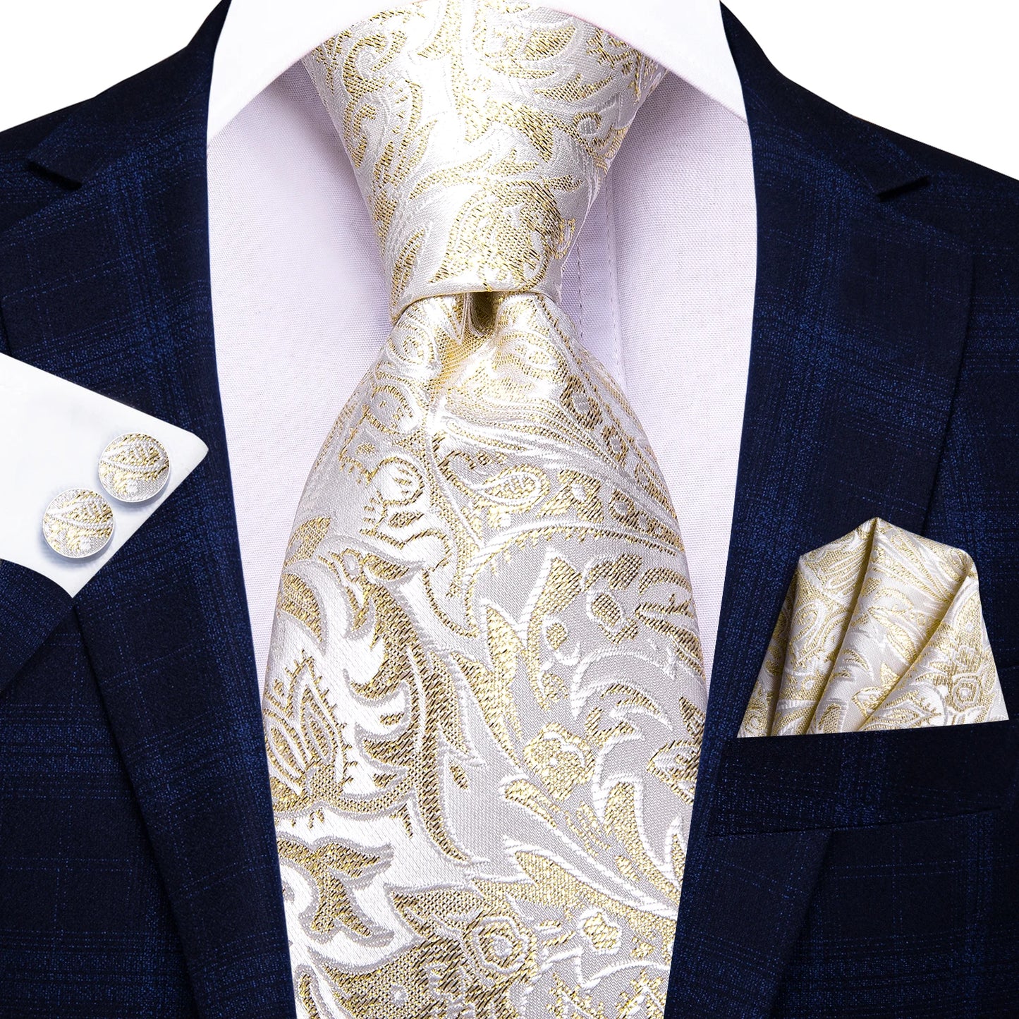 Hi-Tie 100% Silk Luxury Mens Ties Floral Black Gold Ties Paisley NeckTie Pocket Square Cufflinks Set Men's Wedding Party Tie