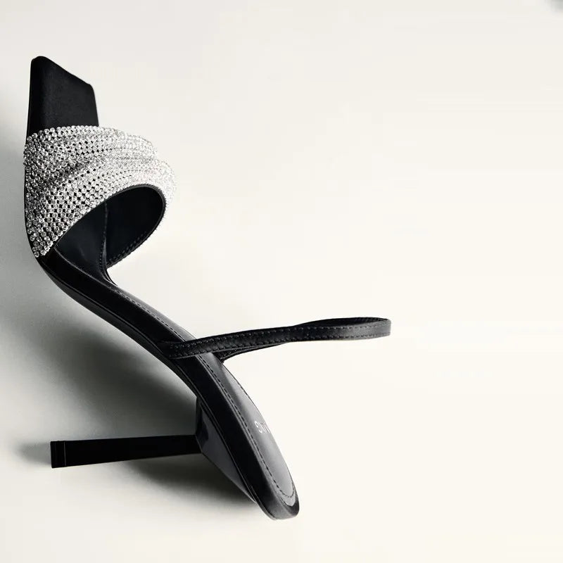 New Summer Women's Silk Satin Sandals Black Elegant Rhinestone Thin Heel Fairy Style Square Toe One-Strap High Heels