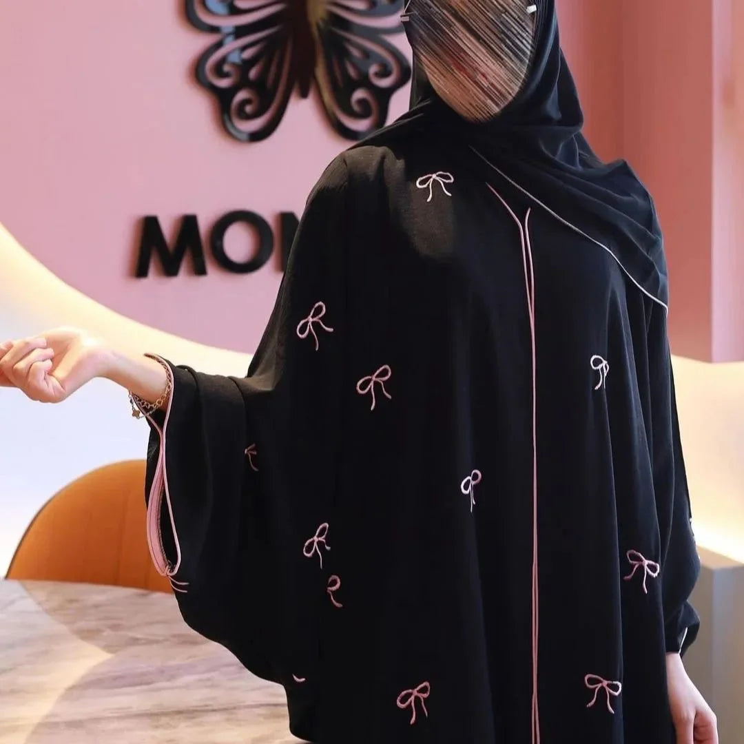 2025 New Ramadan Stylish Embroidery Modest Abaya Dubai Turkish Elegant Bowknot Cardigan Women Dubai Abayas for Women Muslim