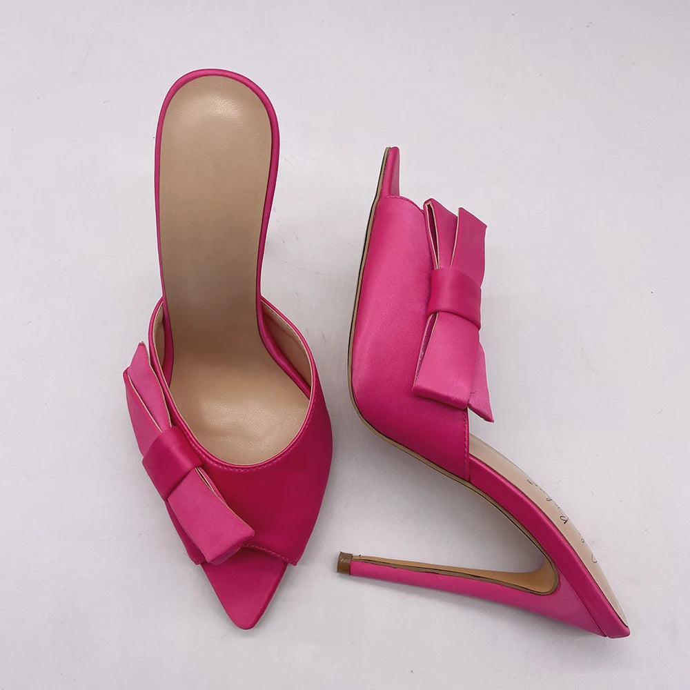 Summer Pointed Toe Satin Mules Shoes Women Heels Large Size High Heel Sandals With Bow