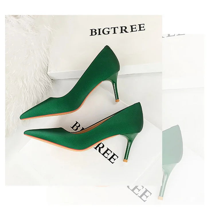 Bigtree 3265-1 Satin Slip-On Shoes with Thin Heels Comfortable Evergreen Upper Material