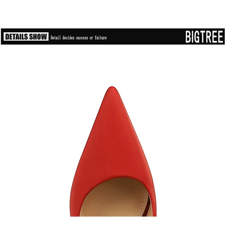 Bigtree 3265-1 Satin Slip-On Shoes with Thin Heels Comfortable Evergreen Upper Material
