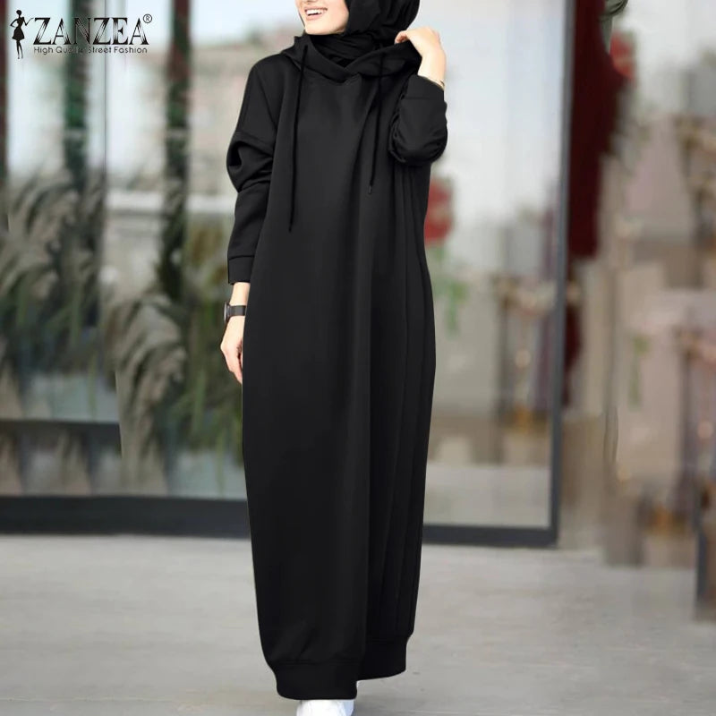 Women Winter Pullovers ZANZEA 2025 Stylish Hooded Hoodies Dress Casual Long Sleeve Maxi Vestidos Female Drawstring Robe Femme