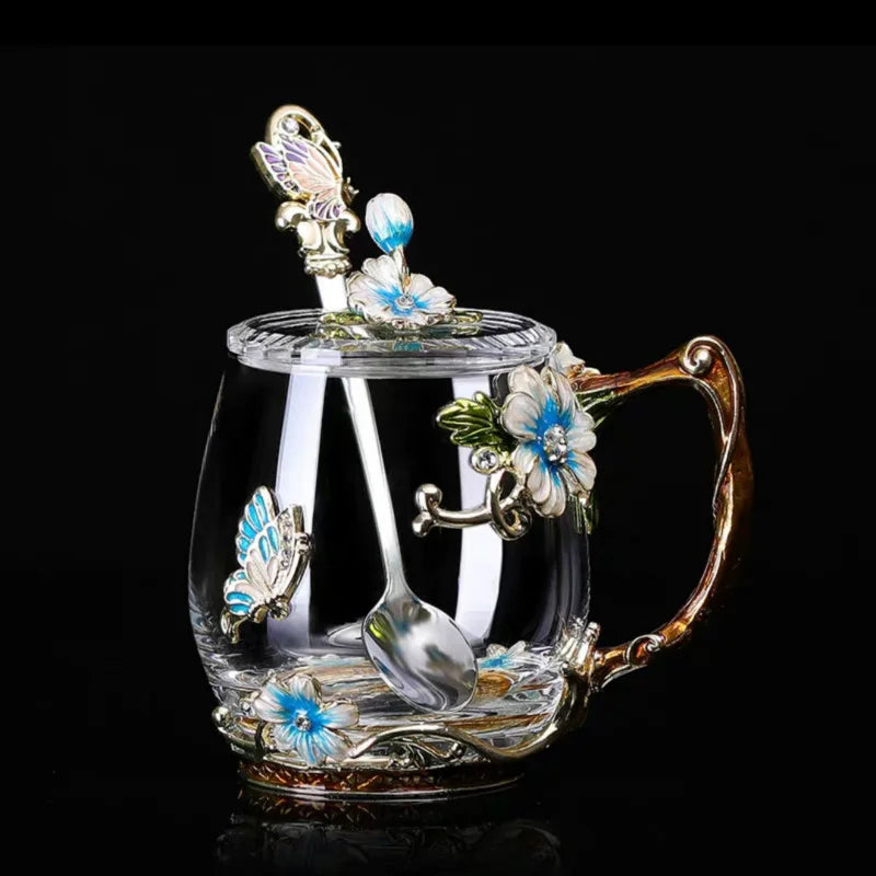 Beauty Enamel Crystal Glass Cup Flower Tea Mug High-grade Glass Water Cup and Mug with Handgrip Perfect Gift for Lover Wedding