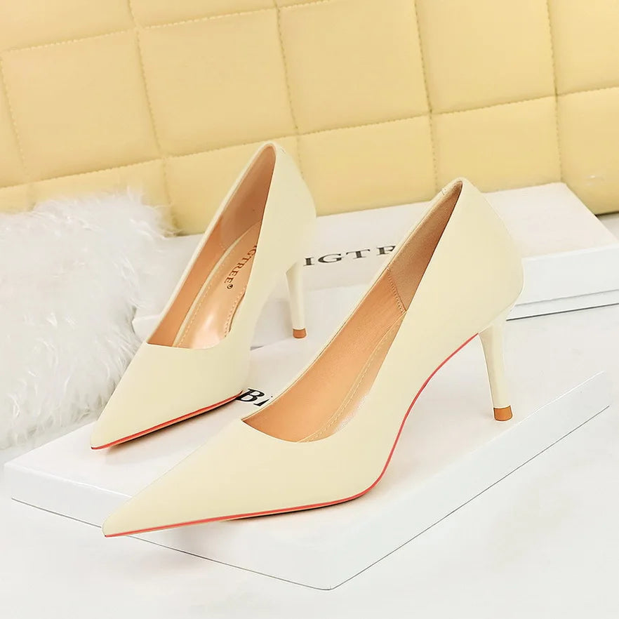 Bigtree 3265-1 Satin Slip-On Shoes with Thin Heels Comfortable Evergreen Upper Material