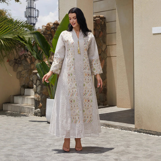 New Luxury Handmade Dubai White Beige Modest Robe Muslim Women Geometric Pattern Gold Tassel Lace Design
