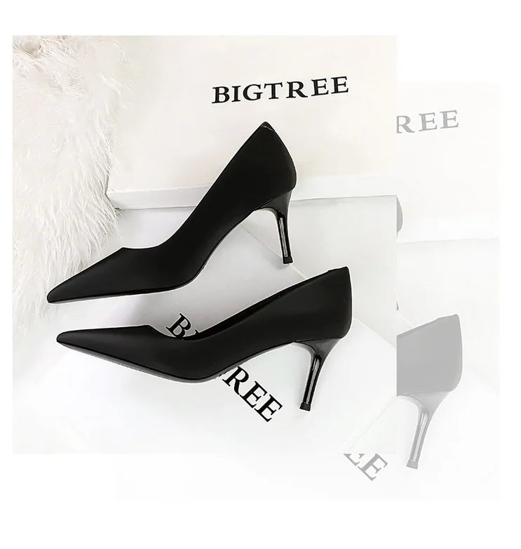Bigtree 3265-1 Satin Slip-On Shoes with Thin Heels Comfortable Evergreen Upper Material