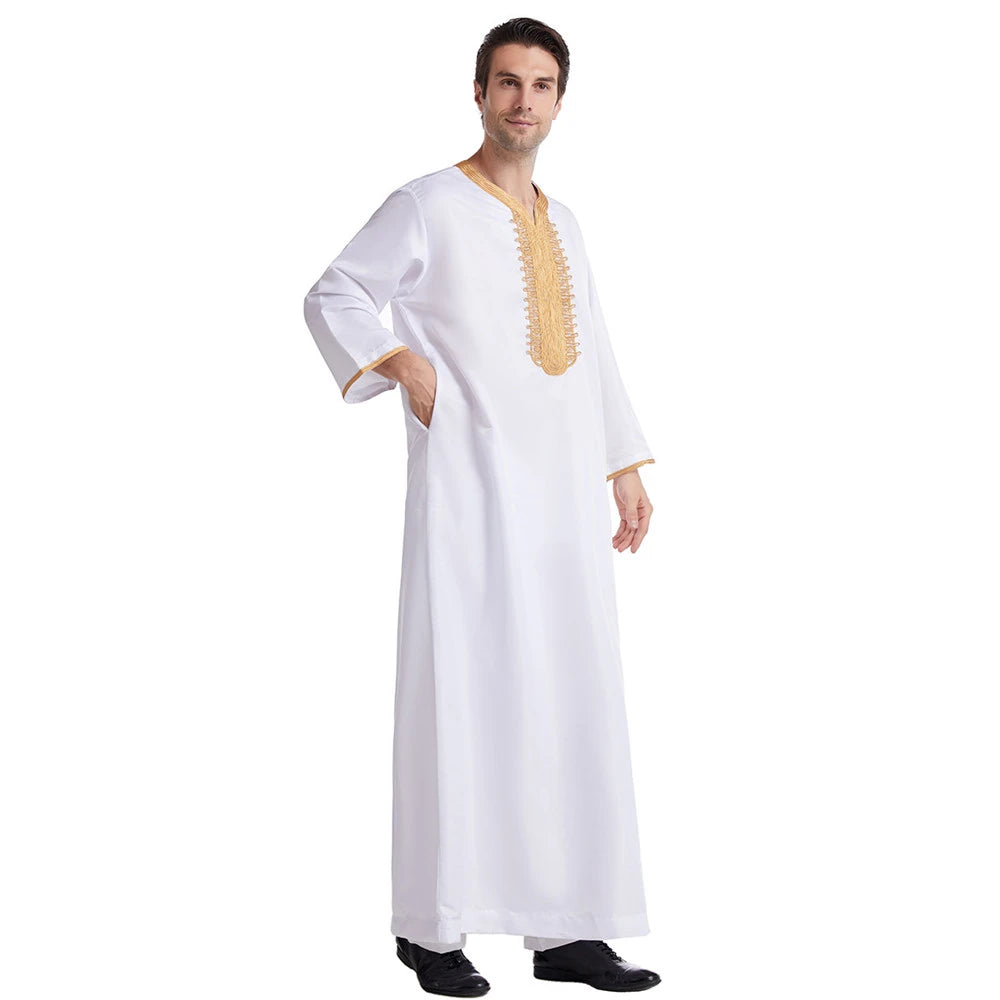 Muslim Men Jubba Thobe Solid Color Breathable Embroidery Long Robes Gown Islamic Arabic Kaftan Abaya Middle East Dubai Pakistani