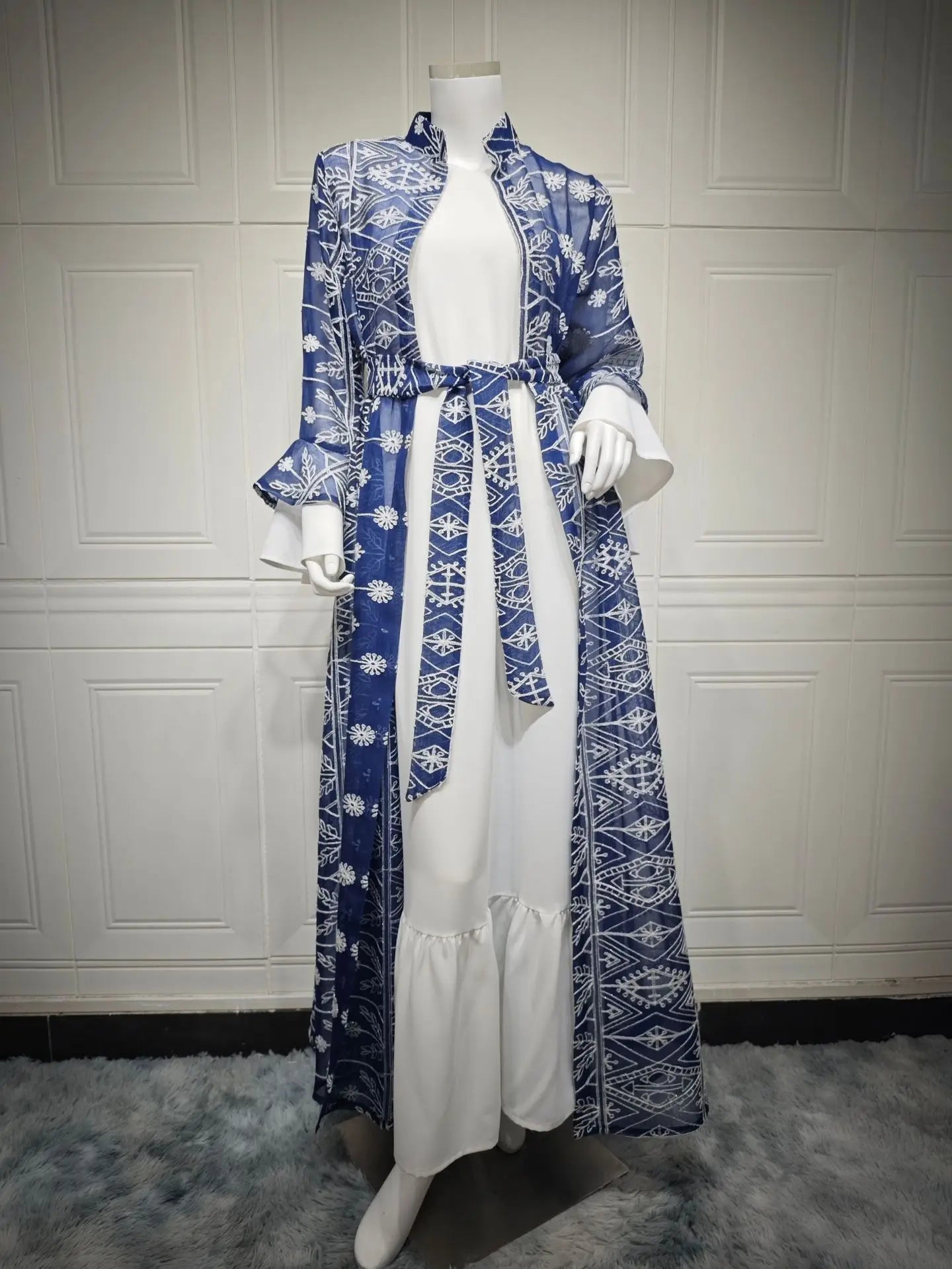 Fall Casual Maxi Dresses for Women Flare Sleeve Embroidery Lace Dress
