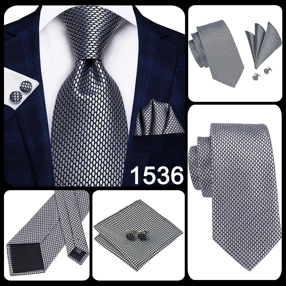 Hi-Tie New Clasic Grey Tie for Men Silk Fabric Jacquard Woven Tie Hanky Cufflinks Set for Men Designer Fashion Silk Ties SN-1466