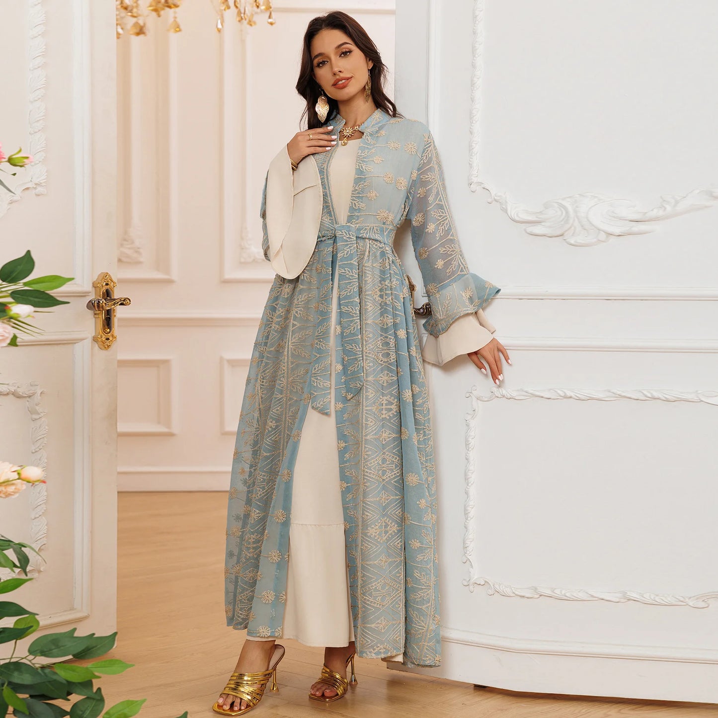 Fall Casual Maxi Dresses for Women Flare Sleeve Embroidery Lace Dress
