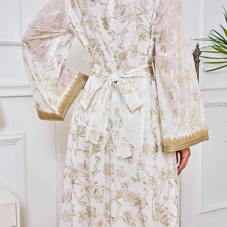 S-2XL Muslim Abaya Dress Patchwork Printed Long Sleeve Arabic Muslim Abaya Saudi Turkish Islamic Party Dress V Neck Kaftan Robe