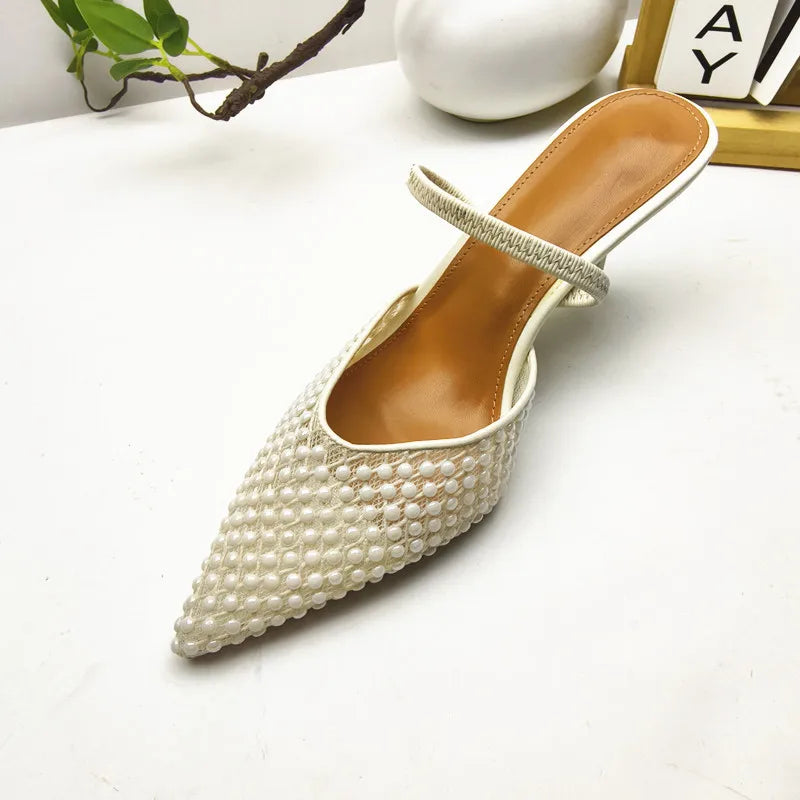 ZA Women's 2026 Summer Nude Sandals Pearl Rhinestone Pointed Toe Mules Heel Back Strap Party Wedding Dress Shoes Elegant Pumps
