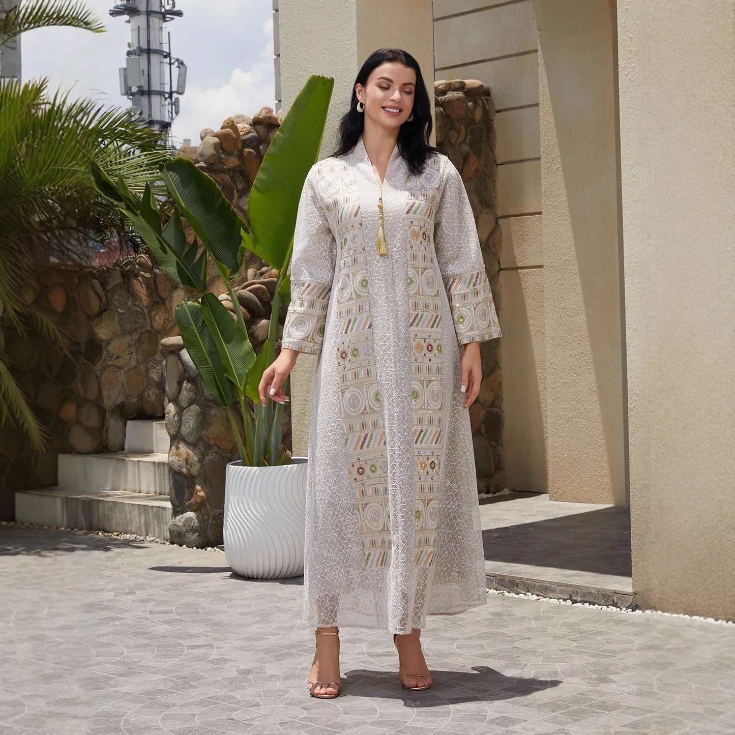 New Luxury Handmade Dubai White Beige Modest Robe Muslim Women Geometric Pattern Gold Tassel Lace Design