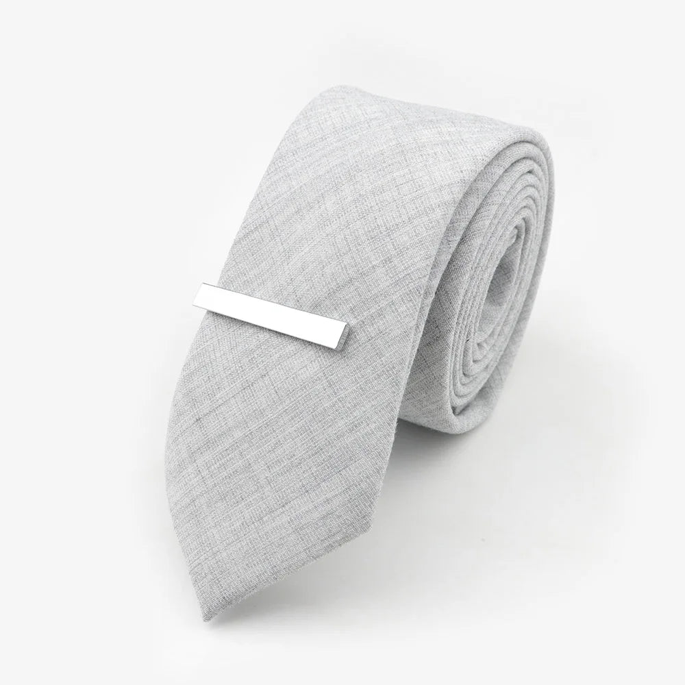 Tie&Clip Set Fashion 6cm Solid Color Linen/Cotton Necktie Bright Ties Pin Clips Clasp Colourful for Men's Clothing Accessories