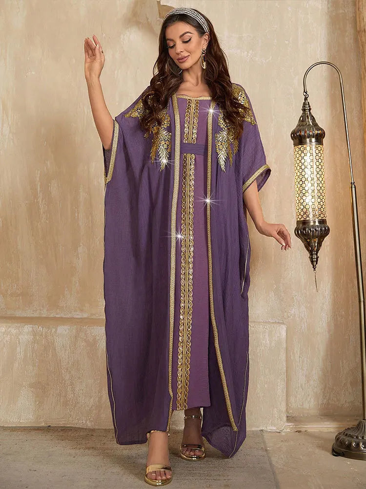 Latest Muslim Kaftan Abaya Women Purple Modest Dress Gold Sequin Embroidered 3/4 Sleeve Open Abaya Islamic Formal Gown