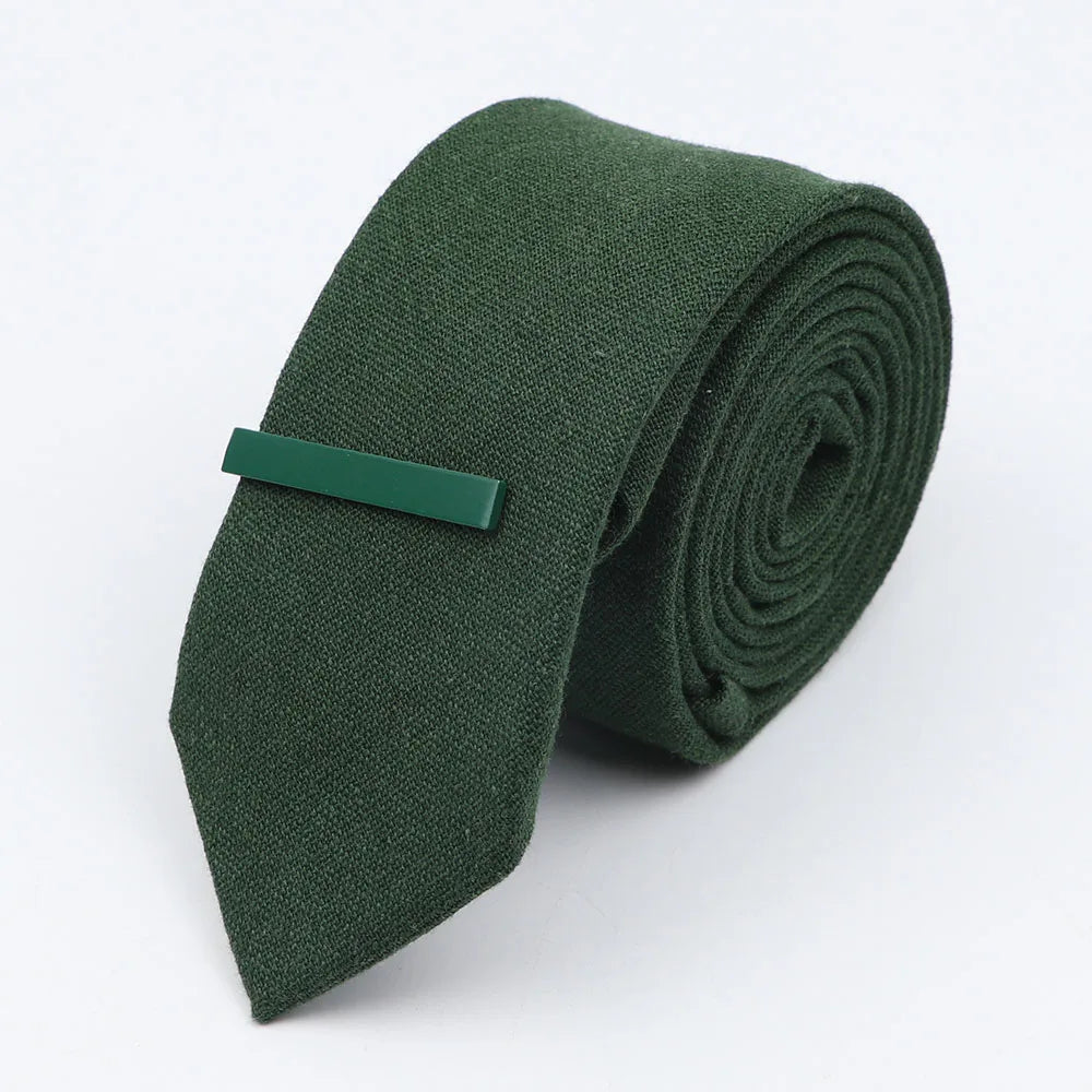 Tie&Clip Set Fashion 6cm Solid Color Linen/Cotton Necktie Bright Ties Pin Clips Clasp Colourful for Men's Clothing Accessories