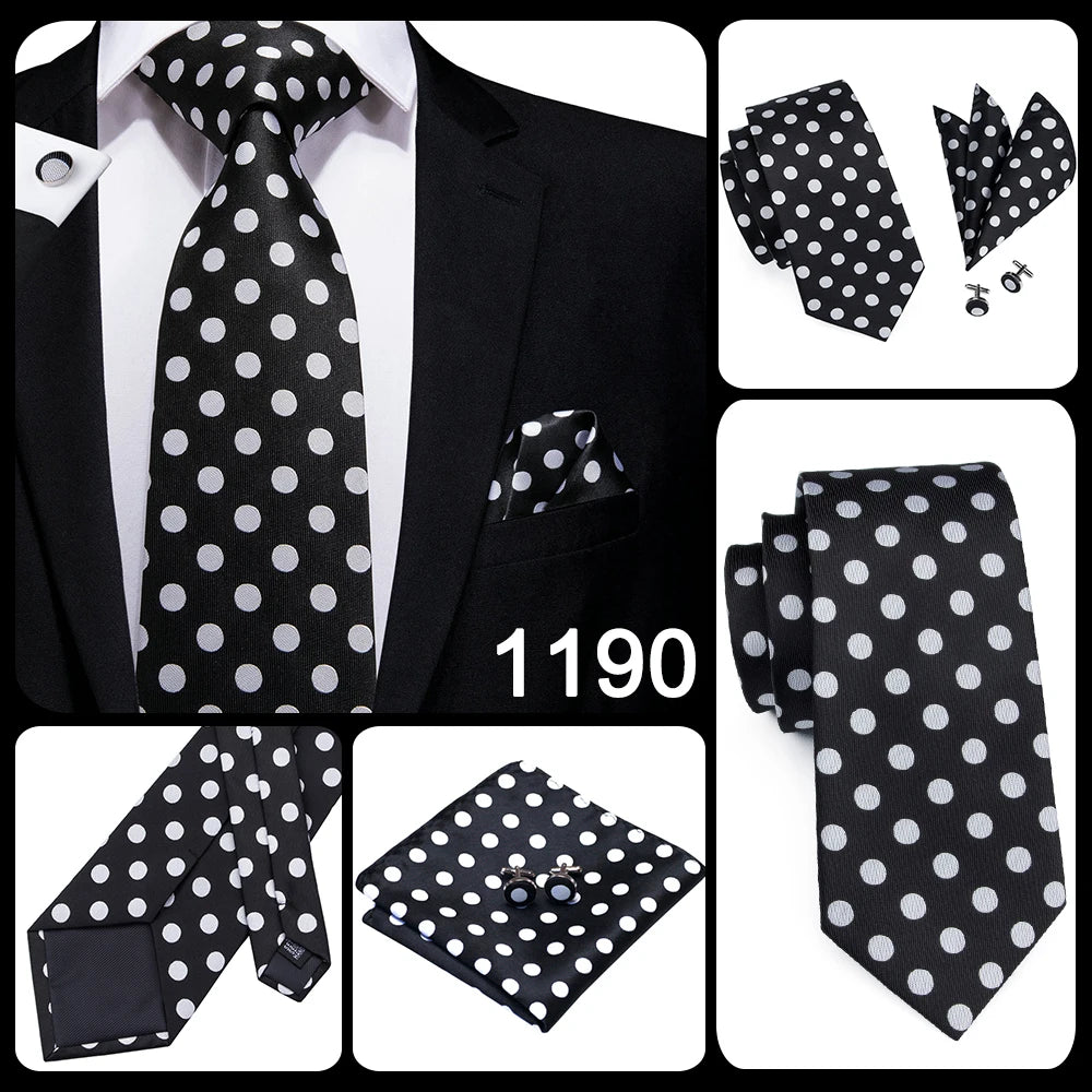 Hi-tie Design Black Solid Dot Silk Wedding Tie For Men Hanky Cufflink Gift Men Necktie Gravata Set Fashion Business Dropshipping