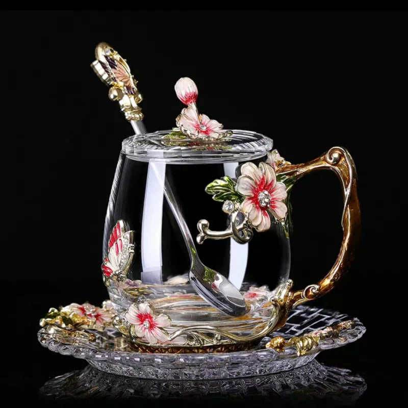 Beauty Enamel Crystal Glass Cup Flower Tea Mug High-grade Glass Water Cup and Mug with Handgrip Perfect Gift for Lover Wedding