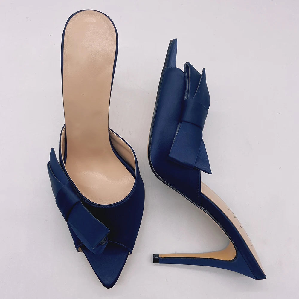 Summer Pointed Toe Satin Mules Shoes Women Heels Large Size High Heel Sandals With Bow