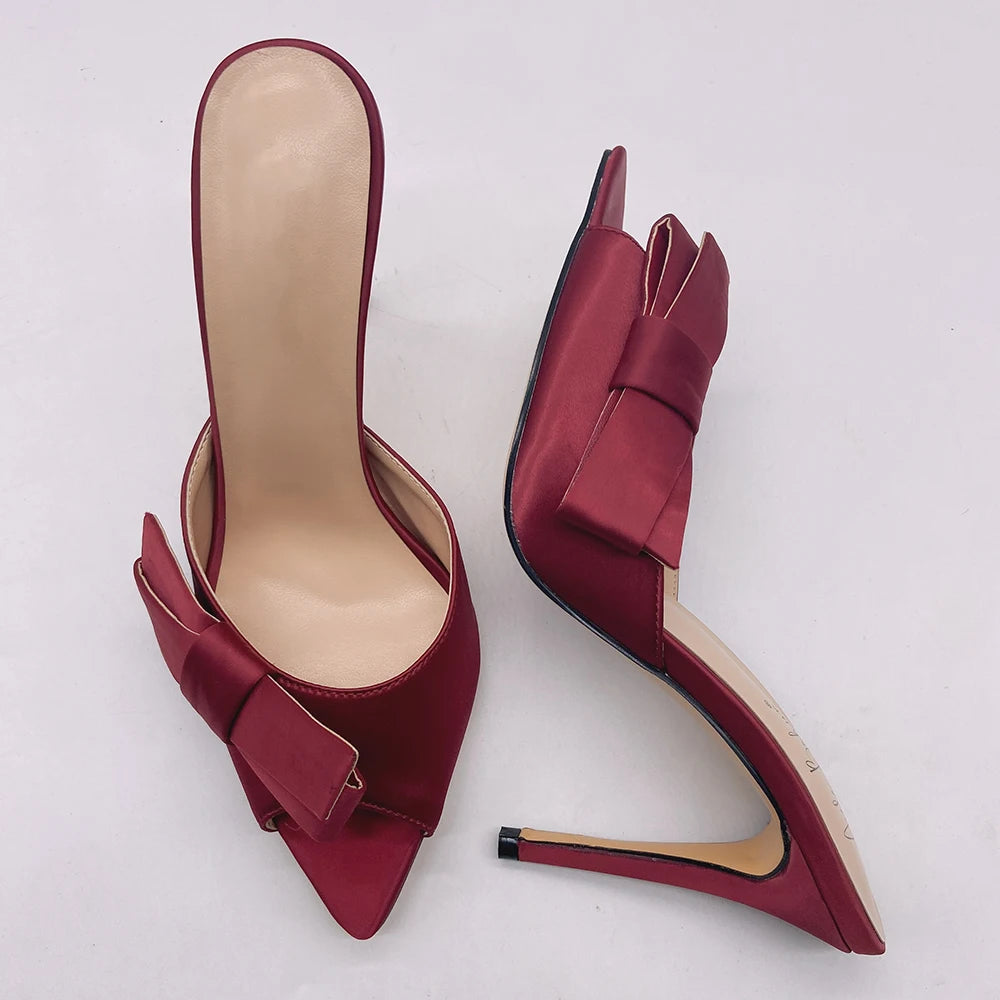 Summer Pointed Toe Satin Mules Shoes Women Heels Large Size High Heel Sandals With Bow