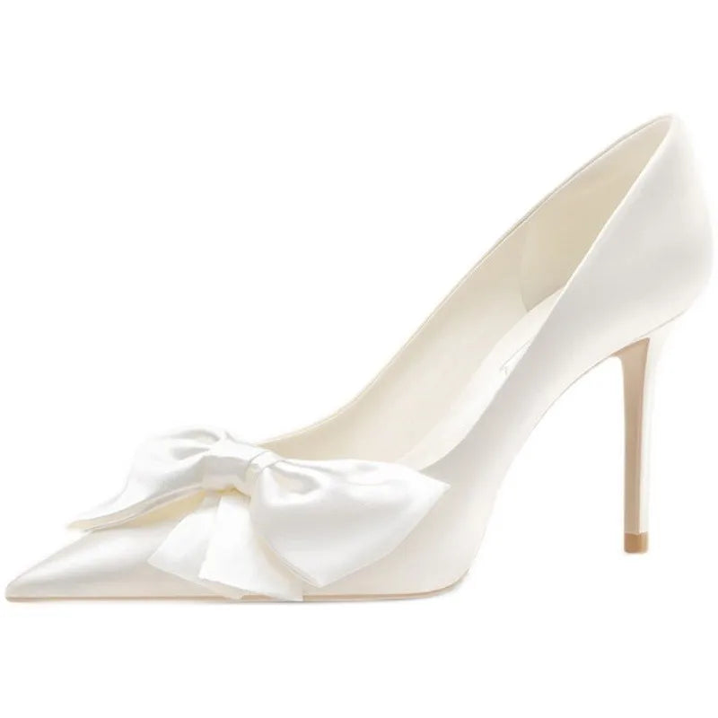 2024 Spring Summer Winter White Bowknot High Heels Women's Bridal Shoes Pointed Stiletto Heel Pumps Anti-Odor Height Increasing