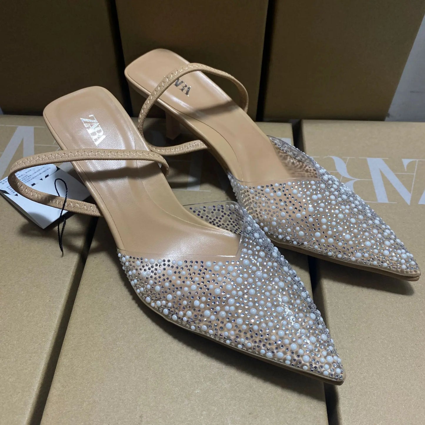ZA Women's 2026 Summer Nude Sandals Pearl Rhinestone Pointed Toe Mules Heel Back Strap Party Wedding Dress Shoes Elegant Pumps